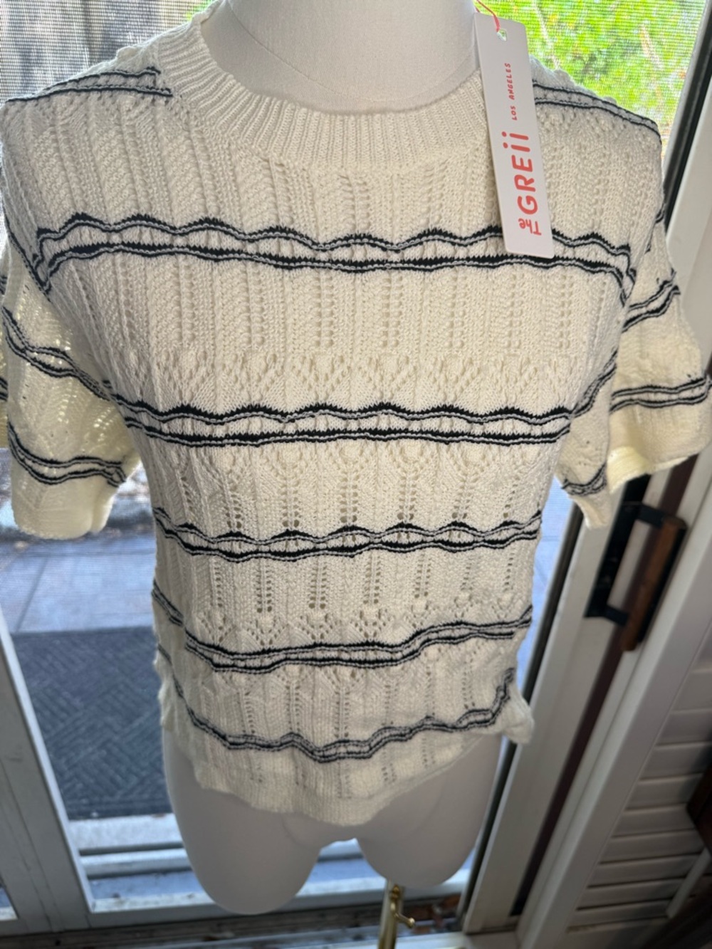 The GREII Short-Sleeve Crewneck Sweater in White with Black Stripes